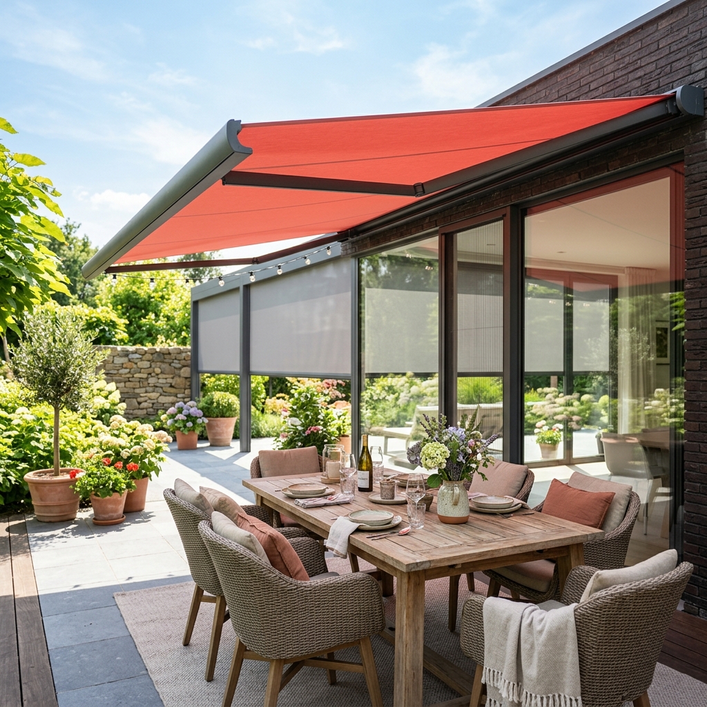 Prachtig Belgisch terras in de zomer voorzien van een modern knikarmscherm met koraalrood doek